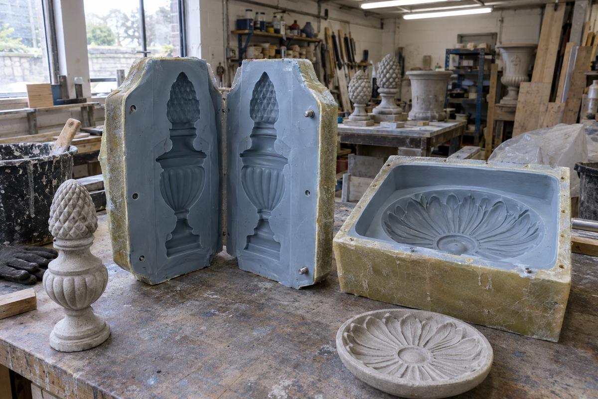 Split silicone mould and open polyurethane mould on workshop bench