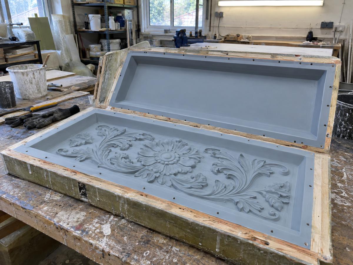 Thin-shell silicone GRC relief mould supported in a rigid case
