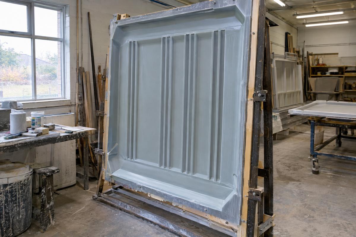 Thin-shell silicone mould in support frame for sprayed GRC panel