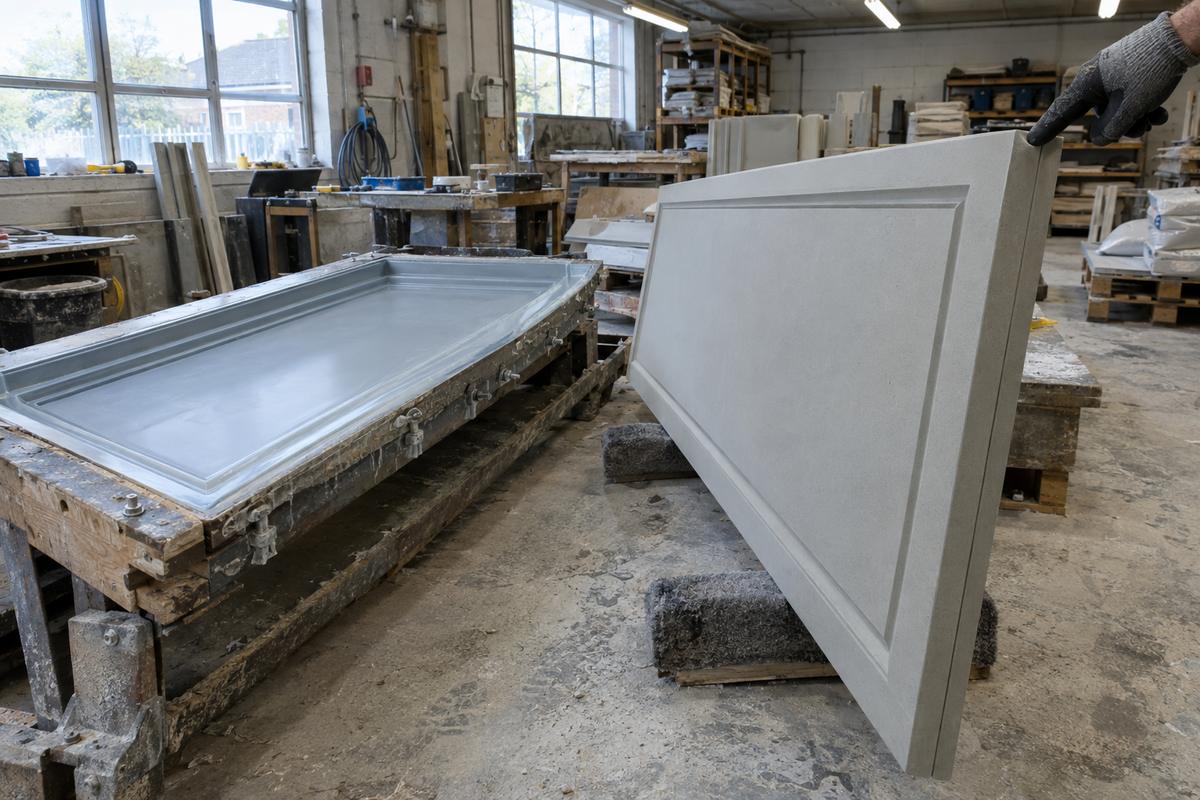 First-off GRC panel checked beside its silicone mould and support cradle