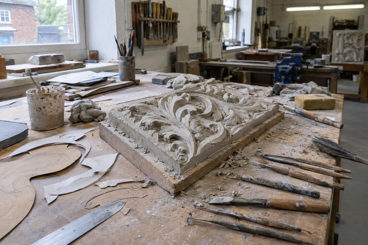 Hand-worked foliage relief pattern on a cluttered sculpting bench