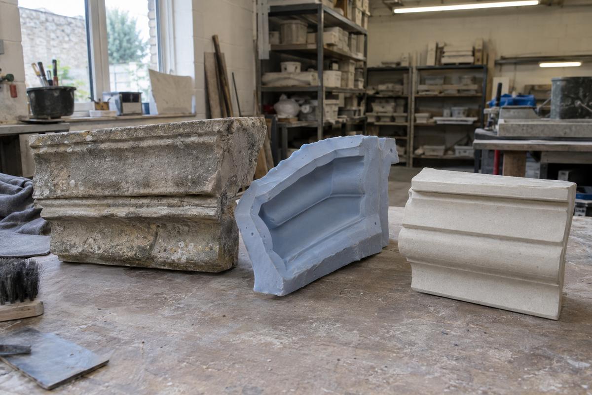 Surviving stone section beside silicone mould and matched replacement cast