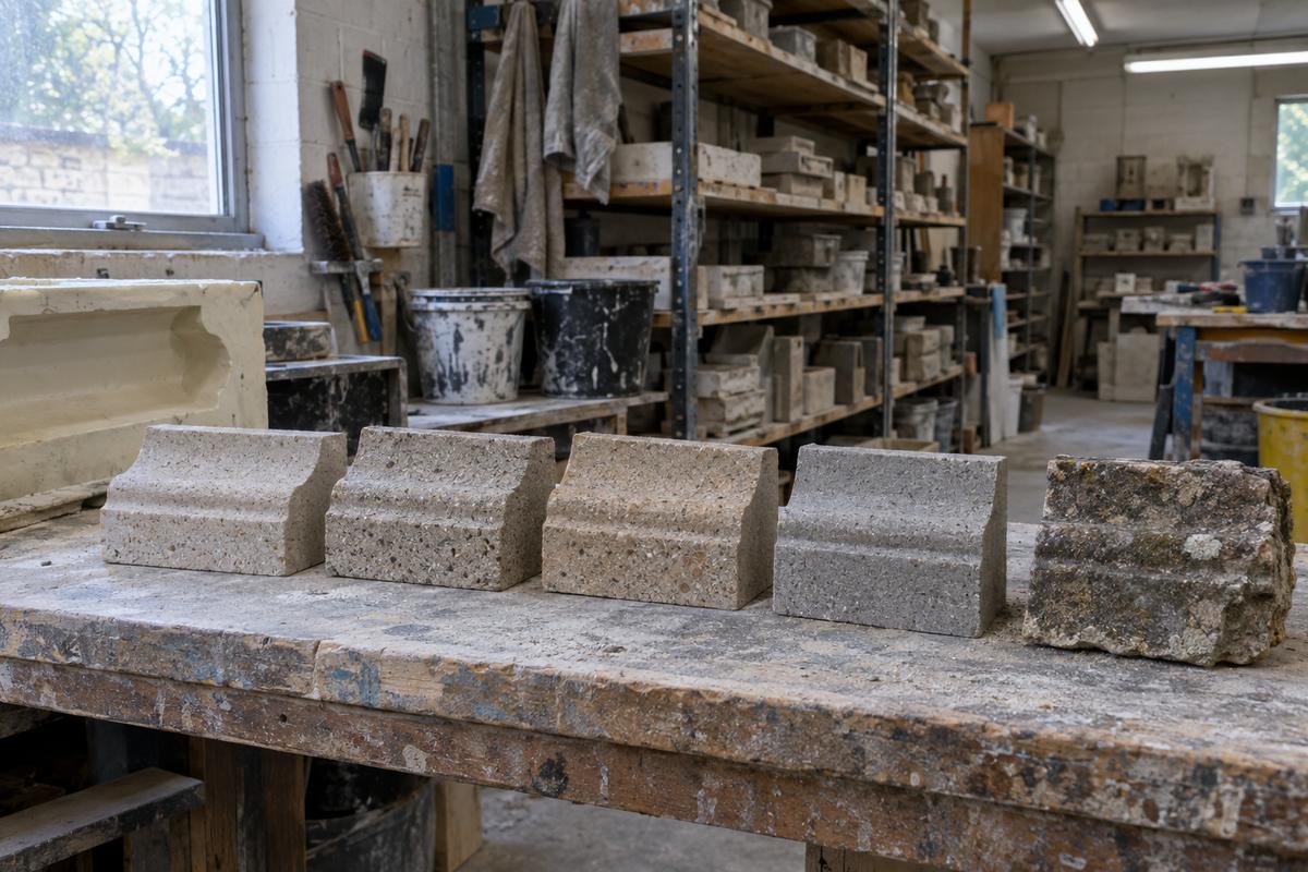 Cast stone test pieces compared with an original weathered heritage fragment