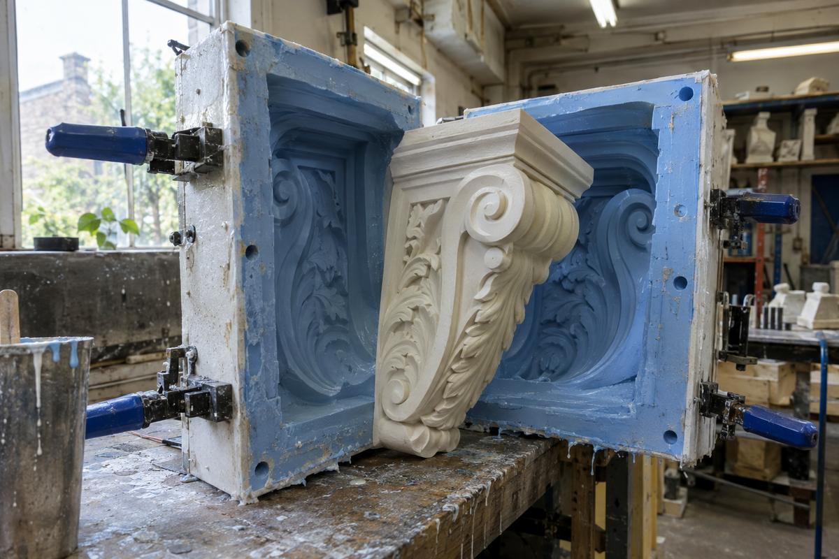 Ornate corbel releasing from a flexible silicone mould and rigid case