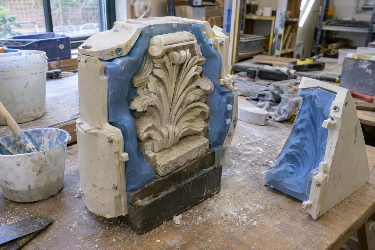 Sectional mother mould around a decorative stone fragment