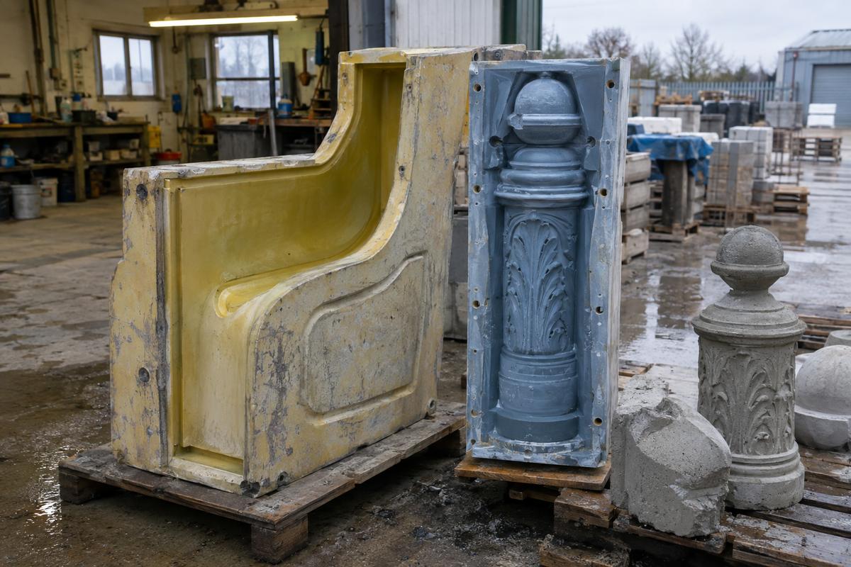 Polyurethane bench mould beside detailed silicone insert and concrete samples