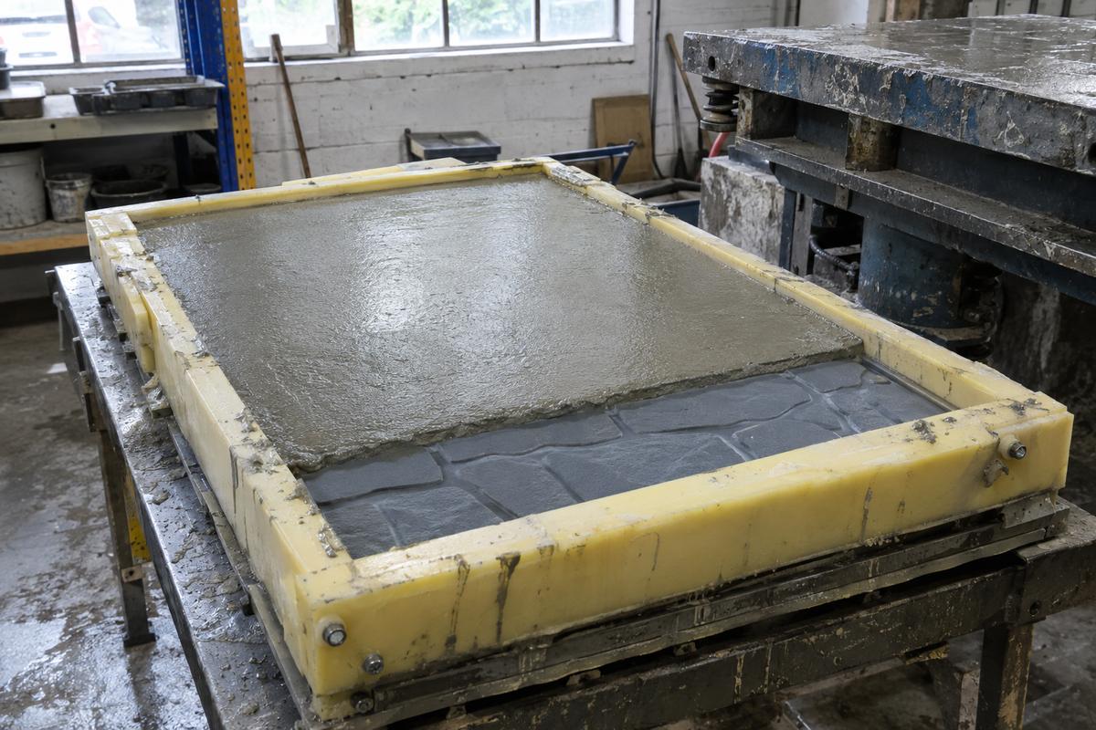Shallow paving tray mould with silicone insert inside polyurethane surround