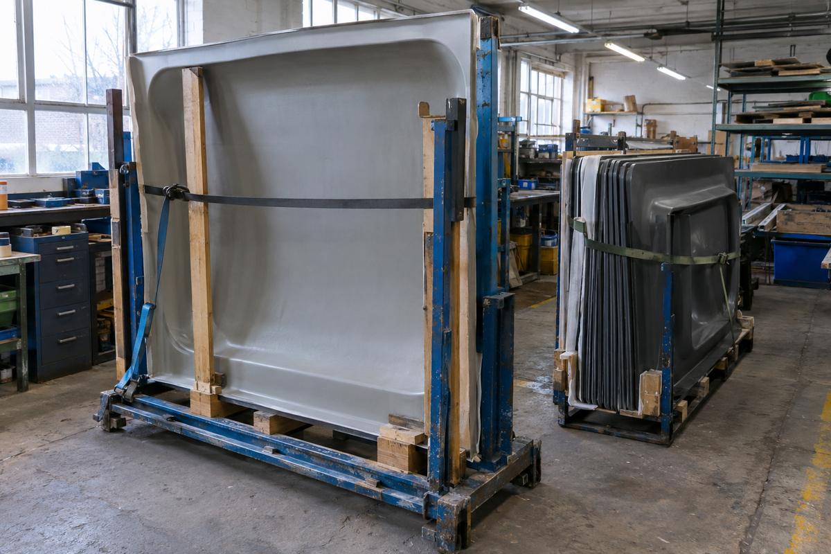 Large formliners stored upright on racks with protective supports