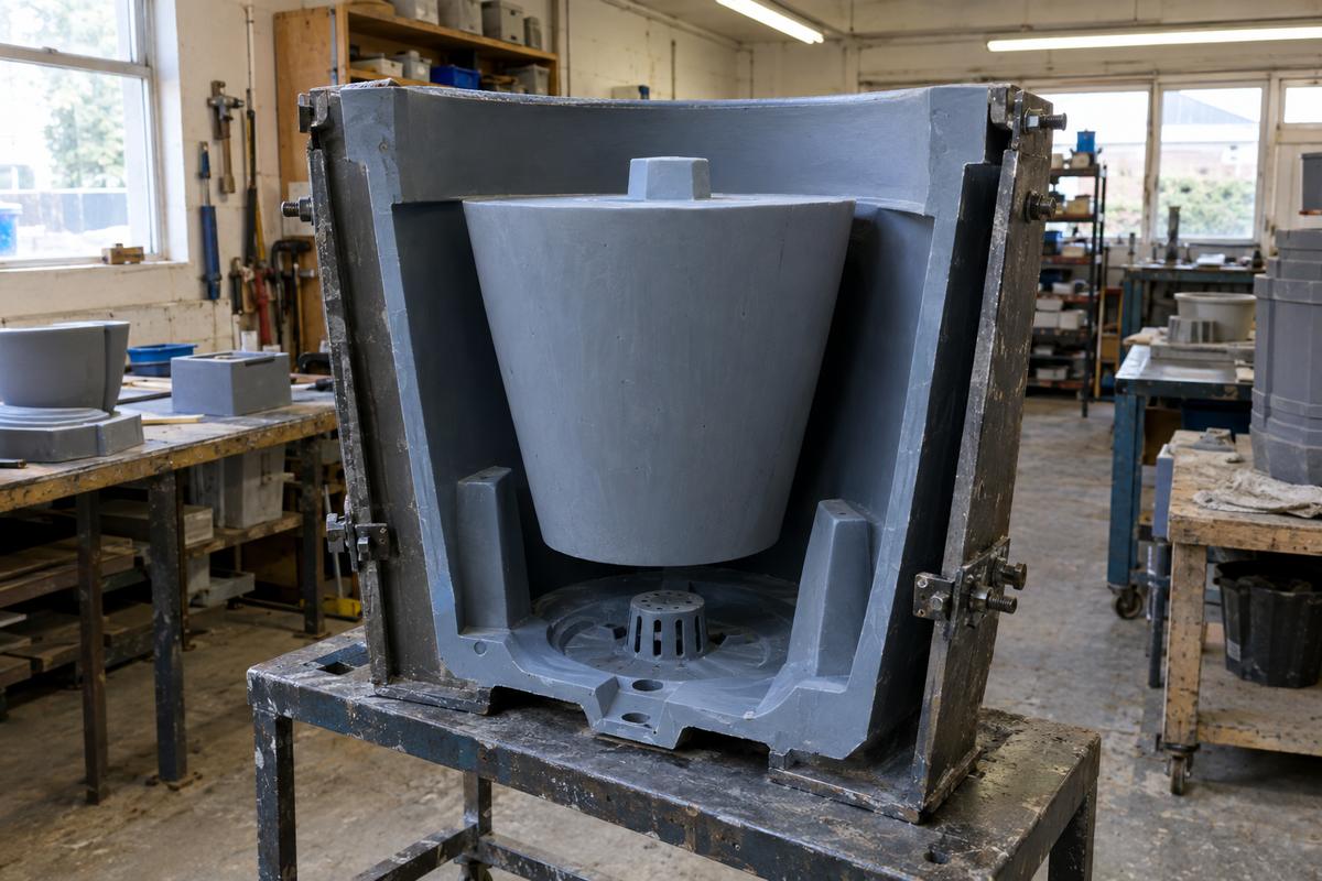 Cross-section of a large planter mould showing core, draft and drainage formers