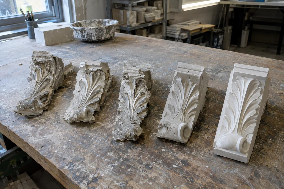 Damaged decorative fragments compared with a corrected master pattern