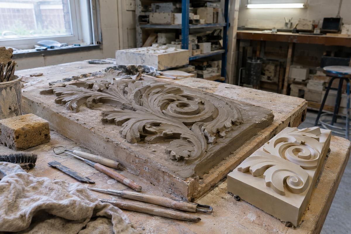 Hand-sculpted decorative master pattern beside a machined sample section