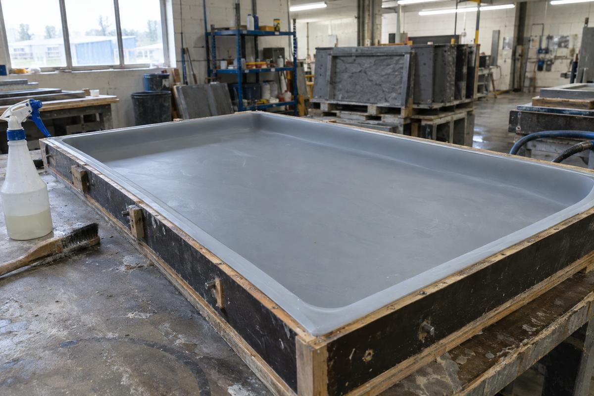 Flexible silicone formliner supported in backing frame beside release tools