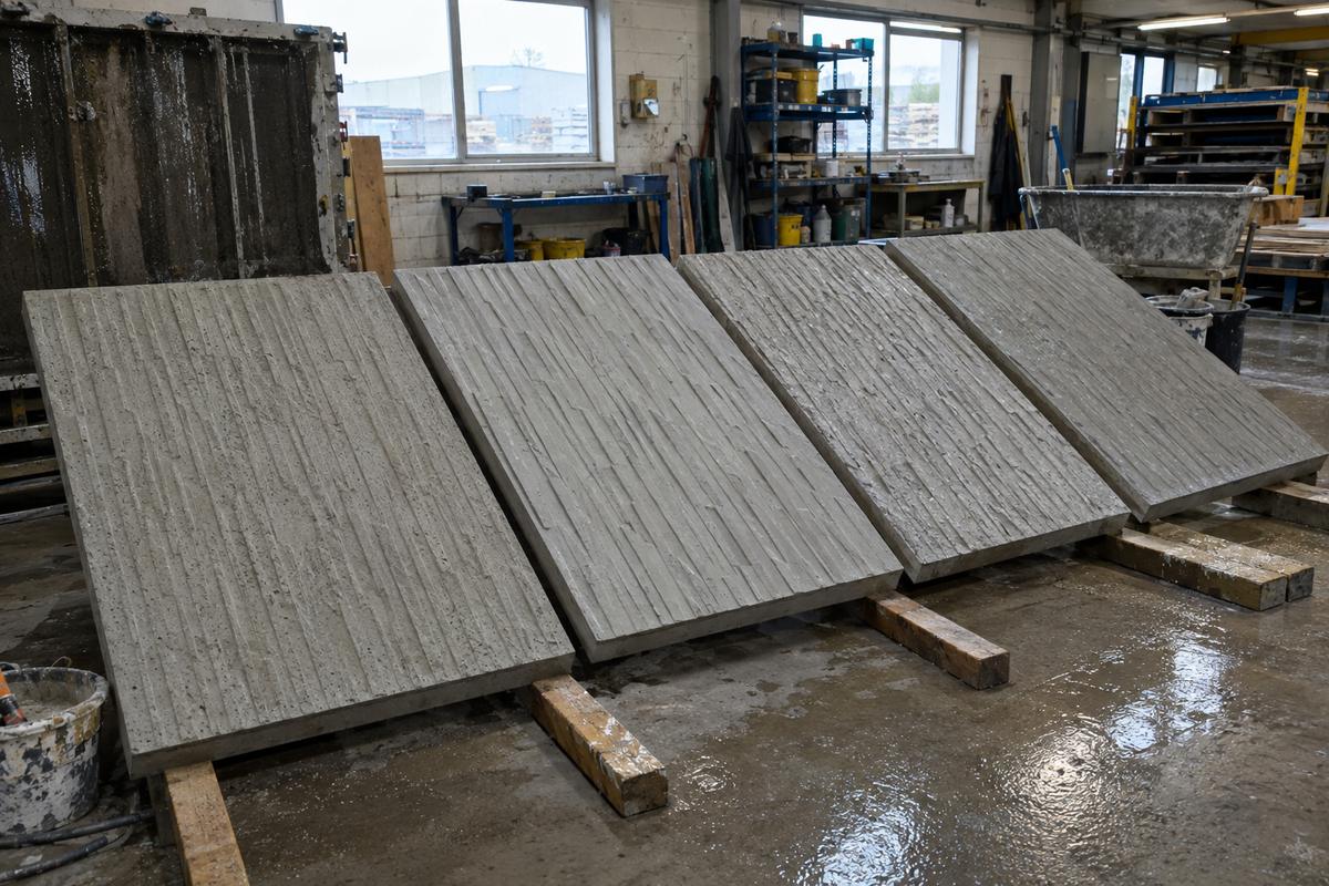 Freshly demoulded textured concrete panels compared side by side in a precast yard
