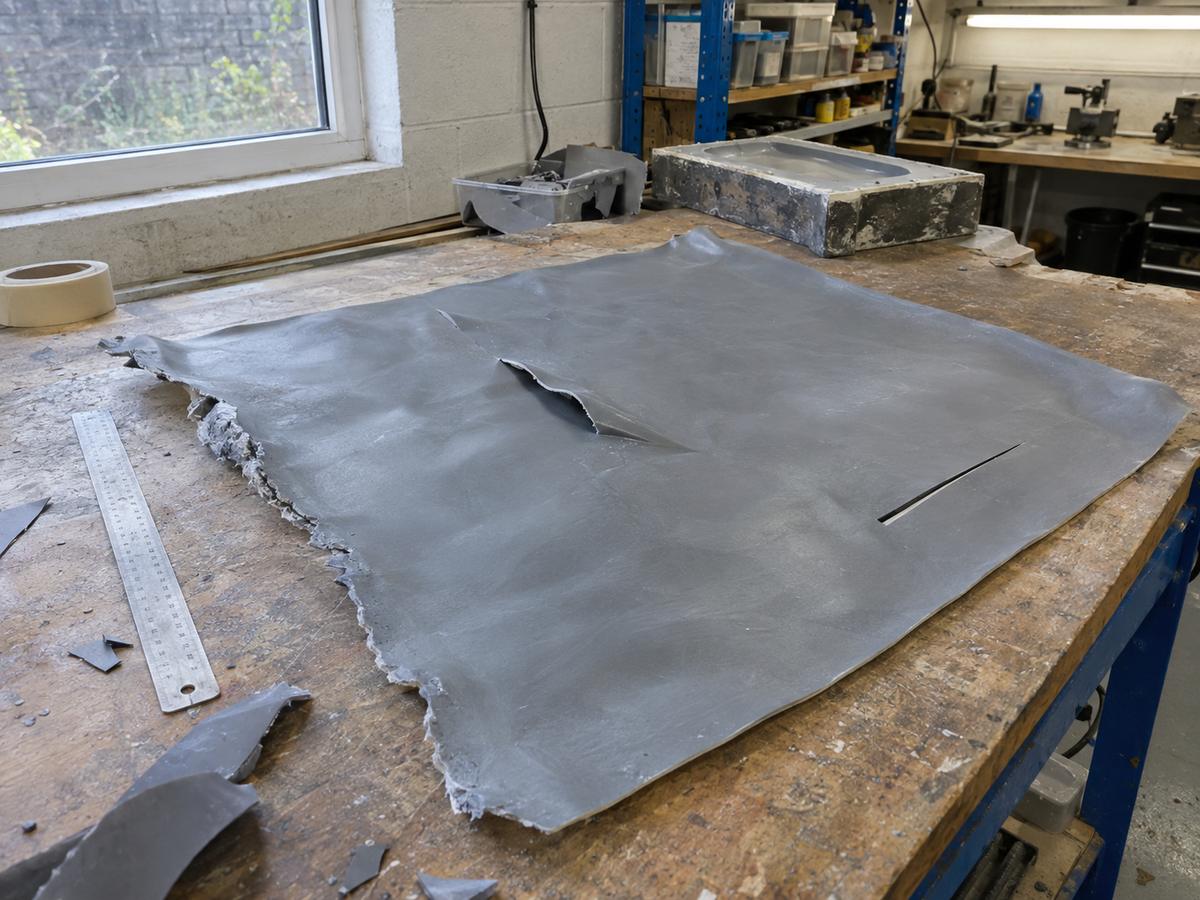 Damaged silicone formliner with torn edge, splice lift and cut on bench