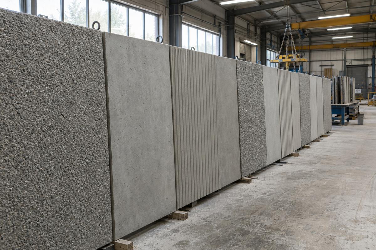 Matched precast façade panels lined up with consistent textured finish