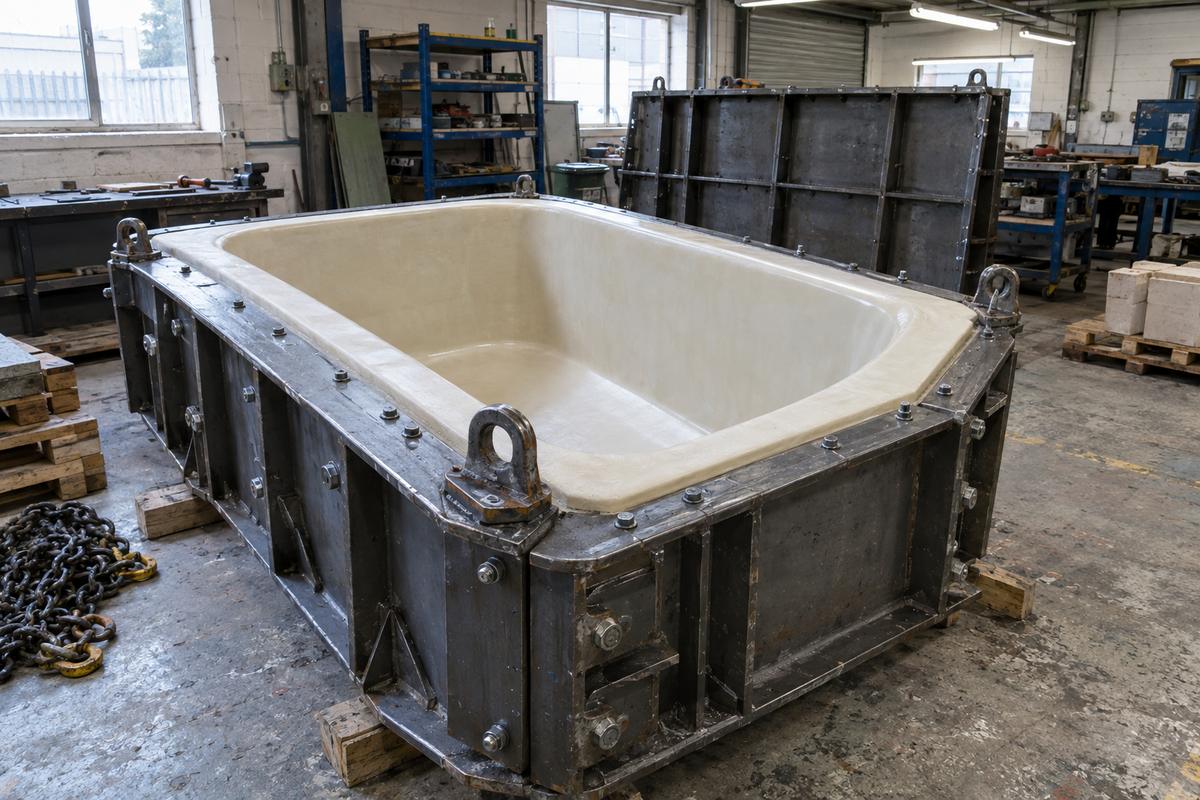 Large flexible liner supported inside a rigid bolted mould case