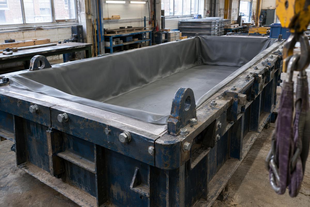 Oversize mould case with split flanges, lifting points and soft liner