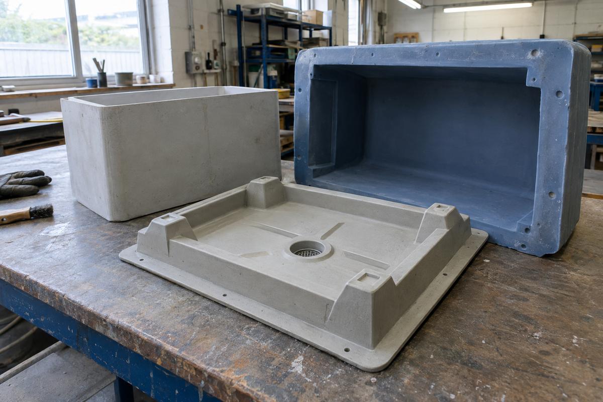 Planter mould base with drainage plug and cast-in feet features