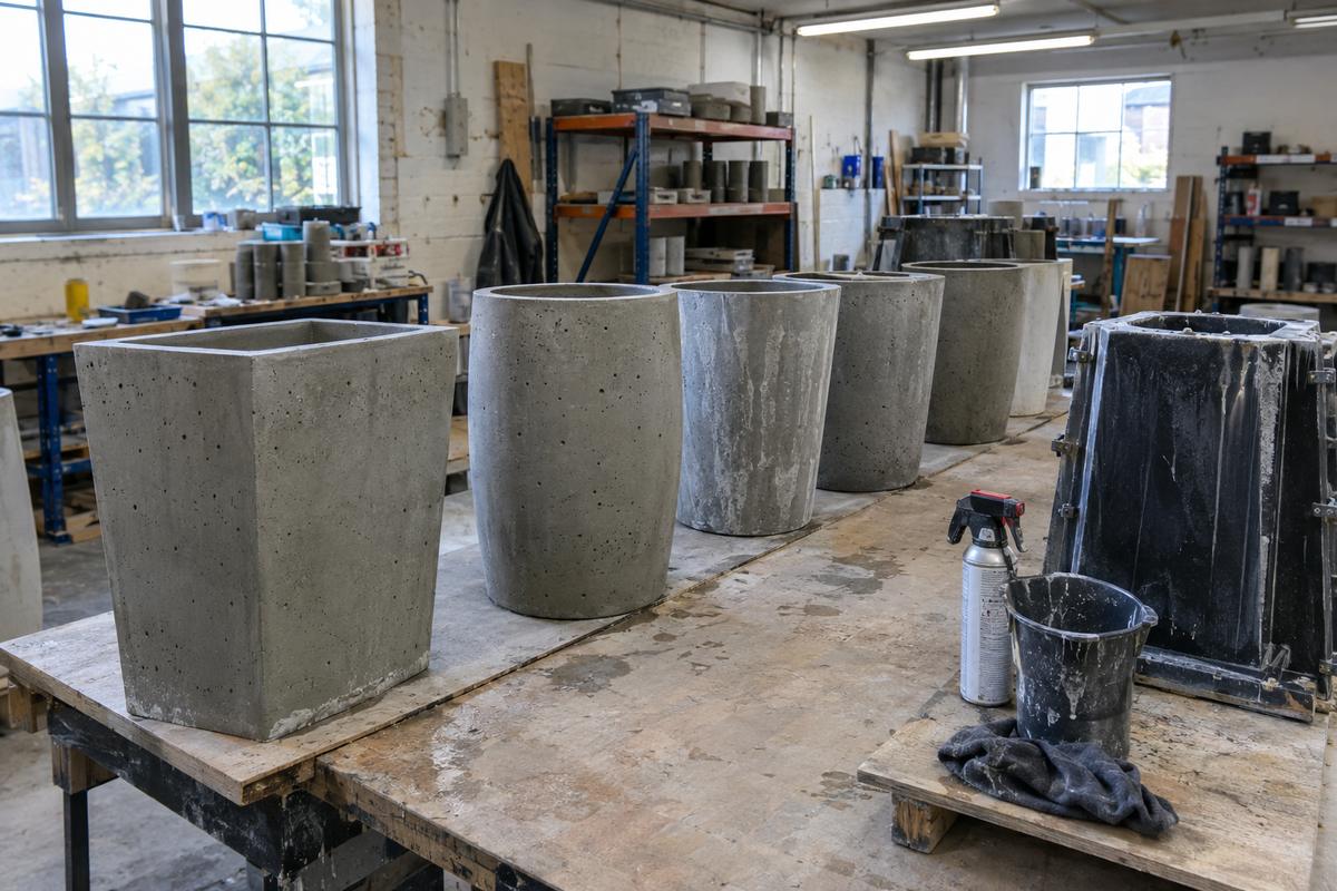 Freshly cast concrete planters beside used mould in workshop