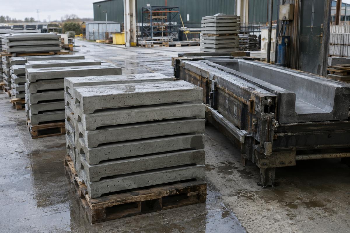 Repeated precast units stacked beside their production mould