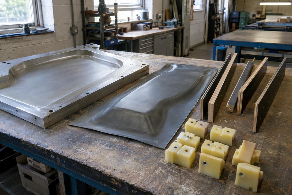 Panel tooling parts laid out with flexible liner, edges and keeper blocks