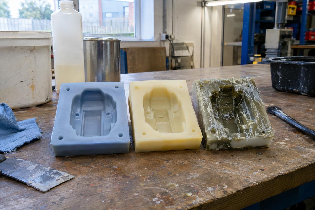 Release agent test samples on silicone and polyurethane mould surfaces