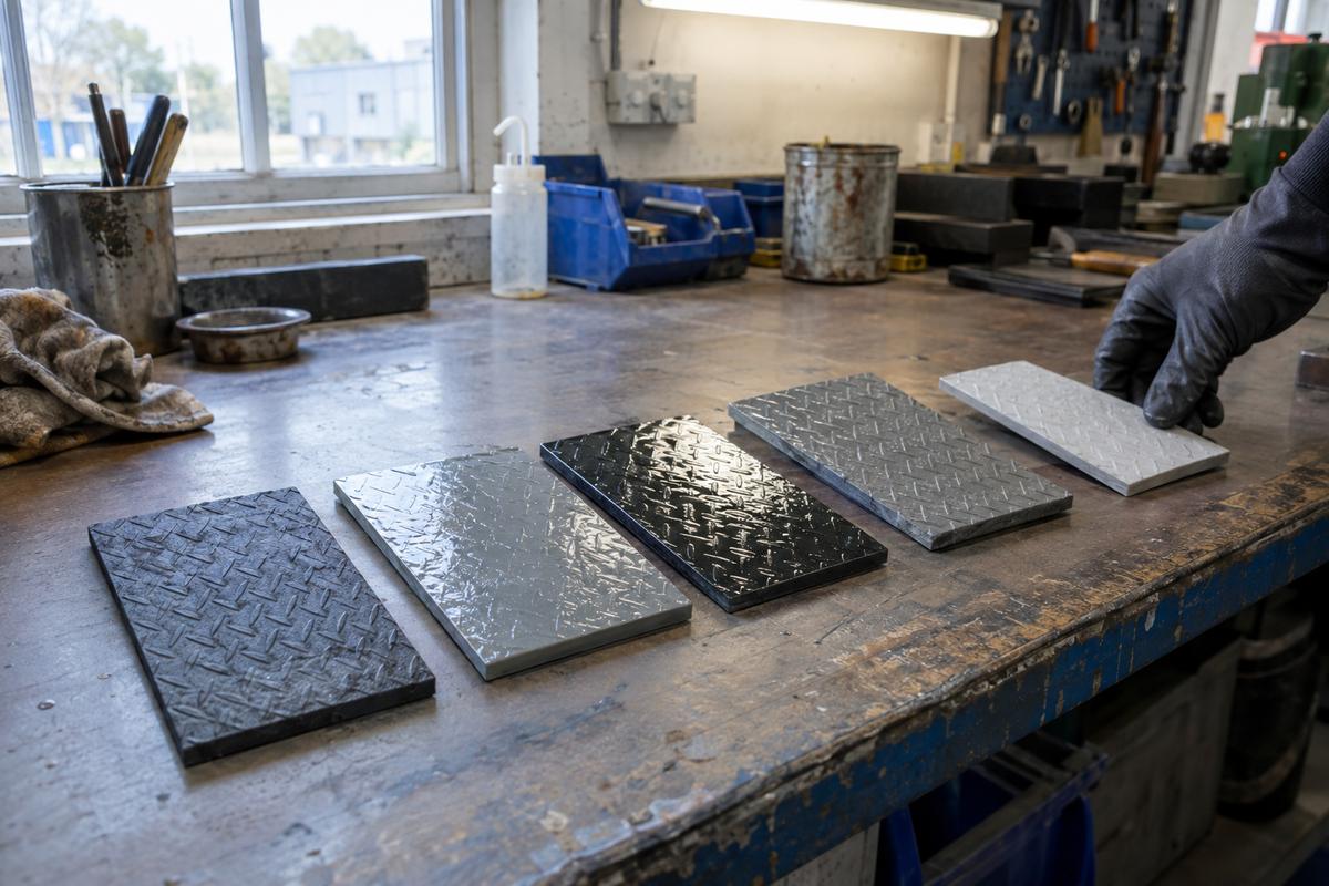 Release trial samples comparing finish on textured mould test pieces