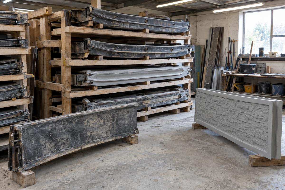 Stored mould sections with old and replacement tools ready for use