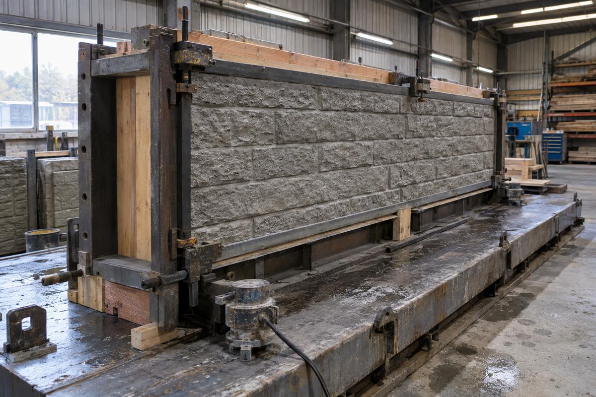 Retaining wall mould with polyurethane face fixed into rigid frame