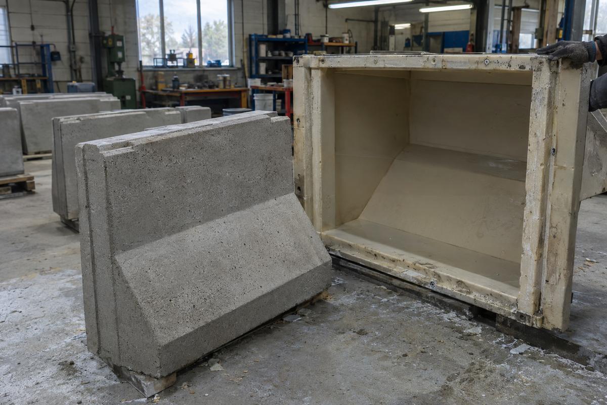 Retaining wall unit beside its empty polyurethane mould in the yard