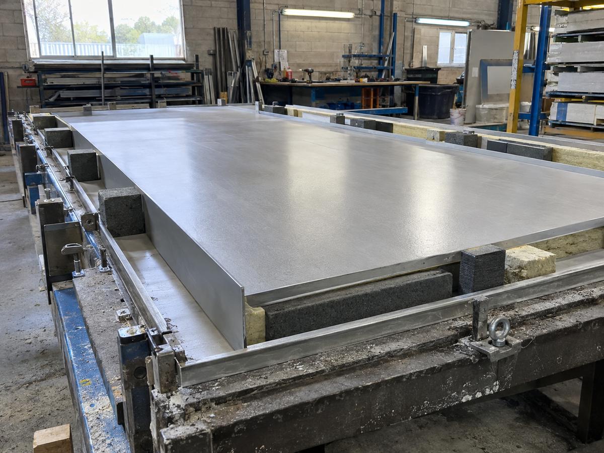 Sandwich panel face liner and edge tooling on casting bed
