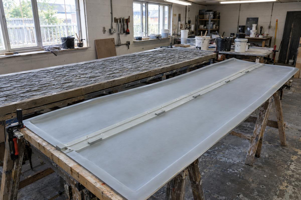 Bonded silicone formliner sections with backing strip in a precast workshop