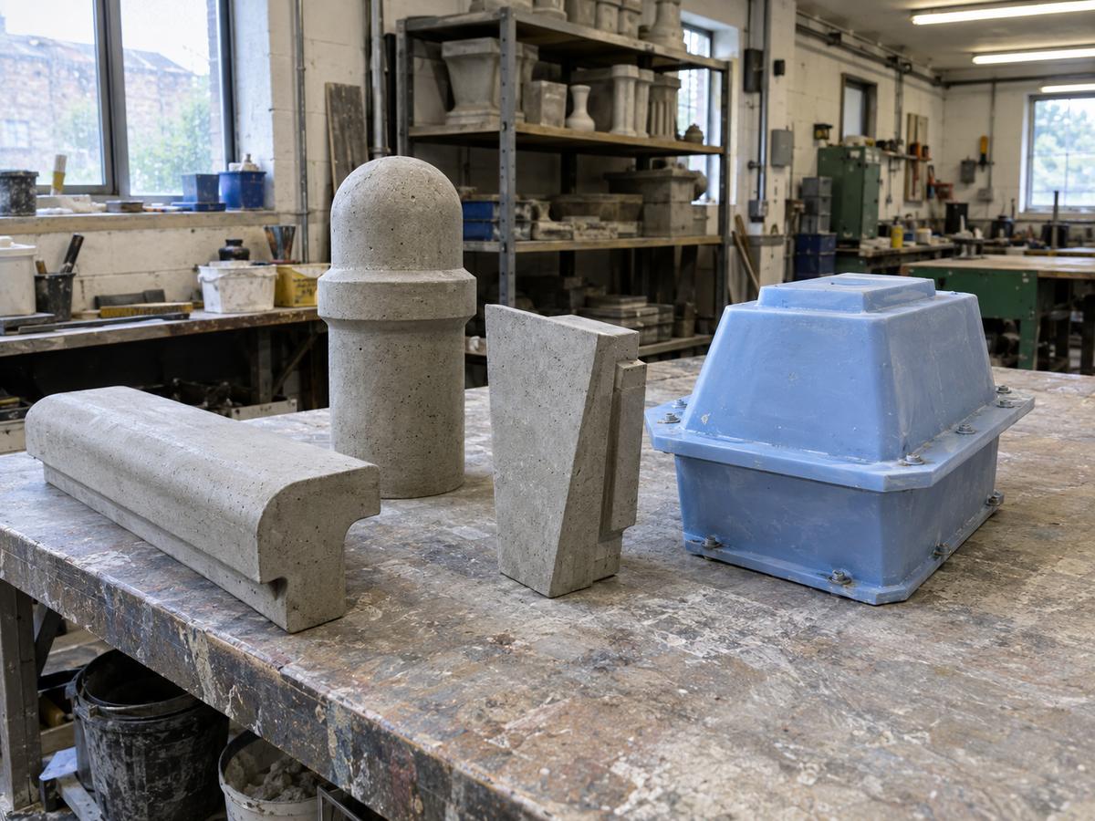 Undercut concrete samples beside a closed two-part silicone mould