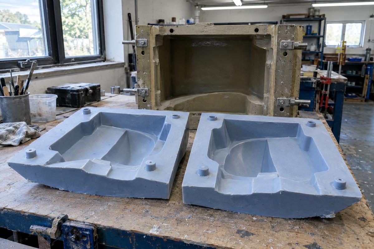 Open silicone mould halves showing flanges and register keys