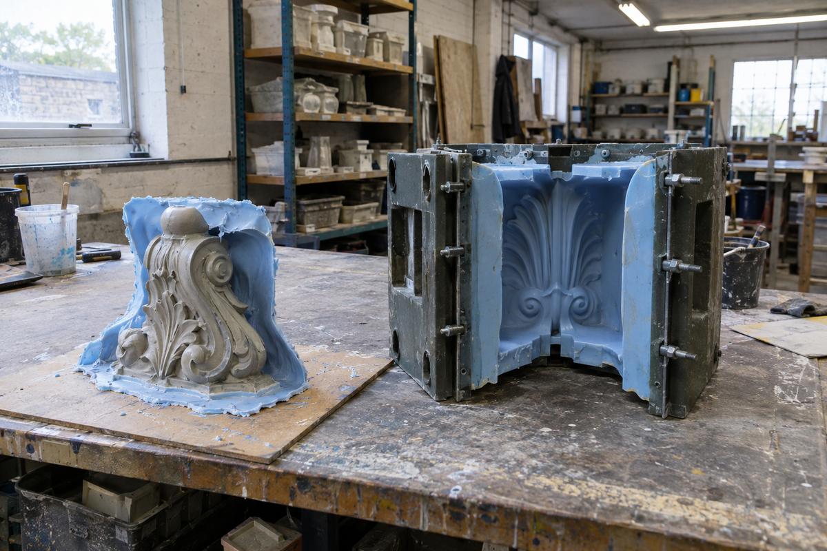 Single-use silicone skin beside reusable split mould in support frame