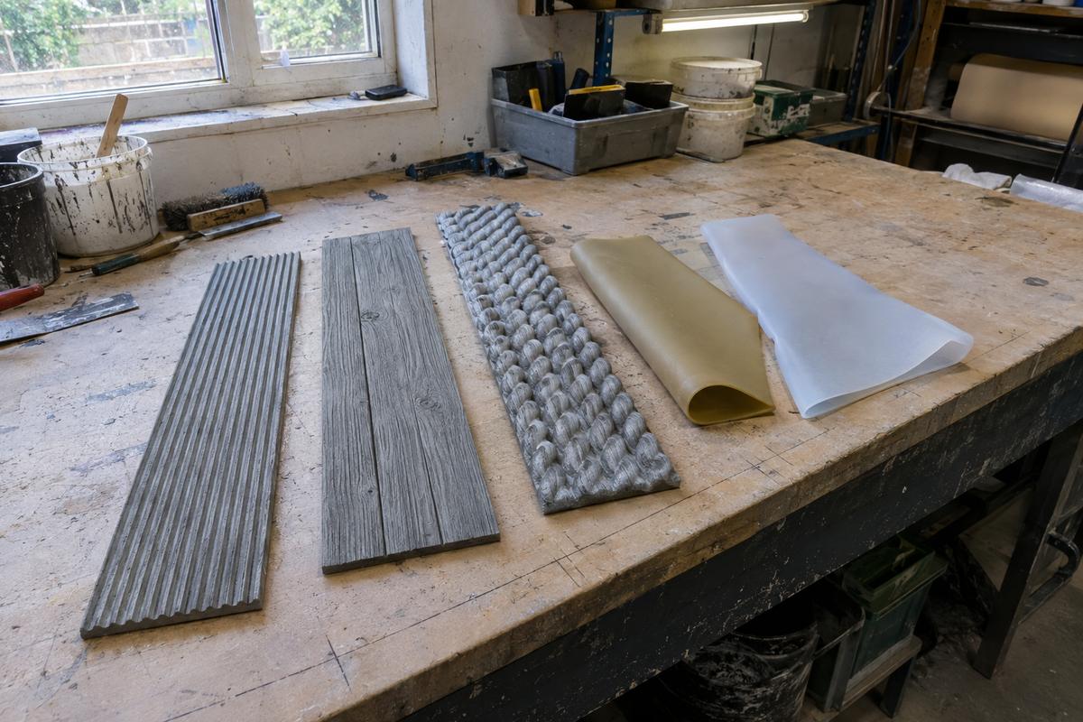 Texture masters with polyurethane and silicone liner samples on bench