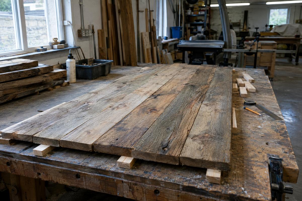 Weathered timber boards arranged for realistic board-mark concrete texture