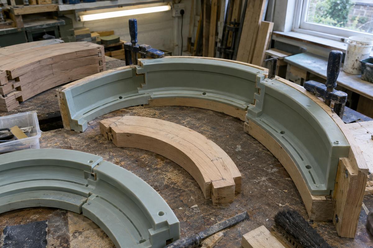 Curved tree surround mould segments showing joints, rebates and drainage details