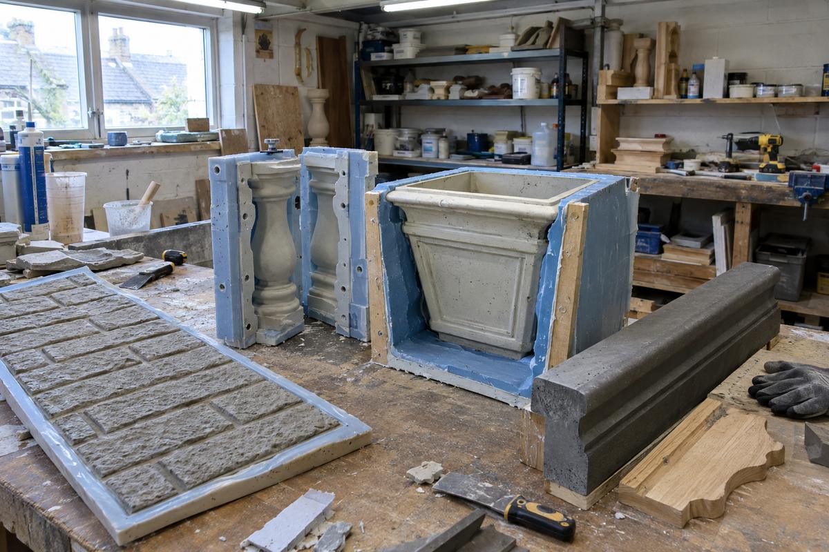 Different mould and formliner types arranged on a pattern room bench