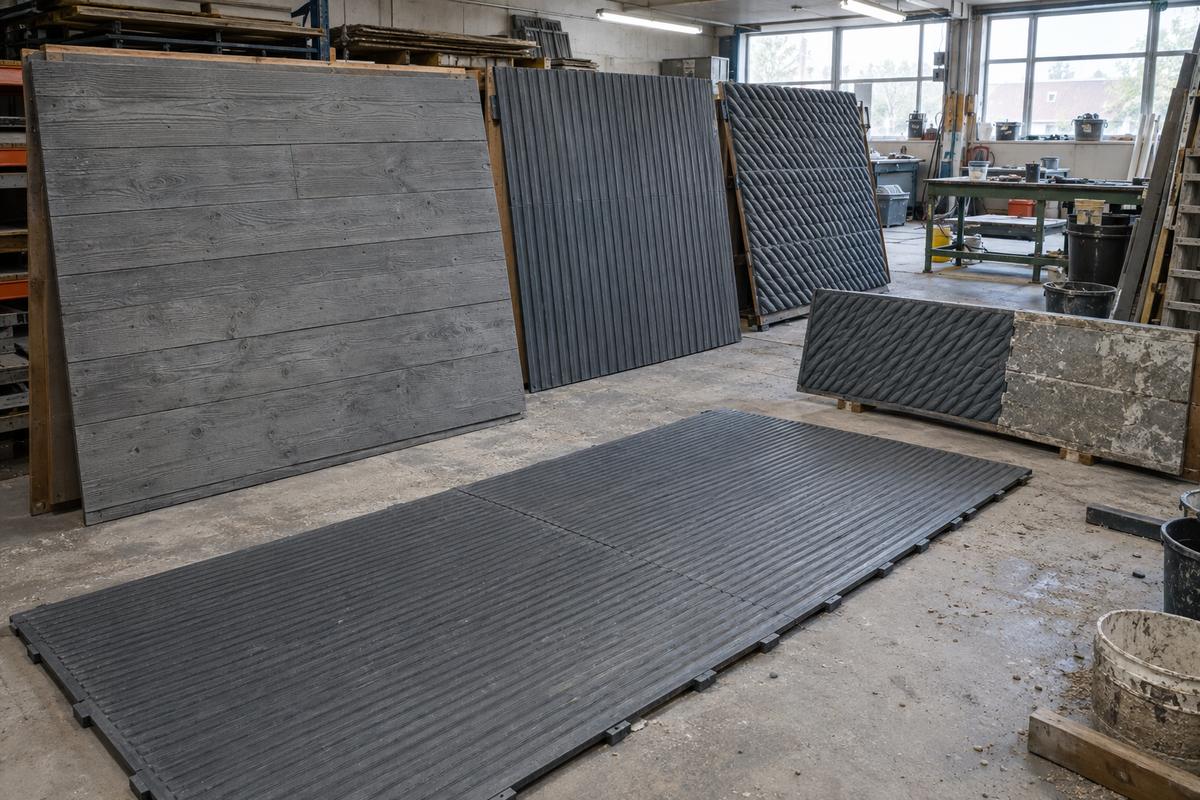 Textured formliner mats with replacement section beside a worn original