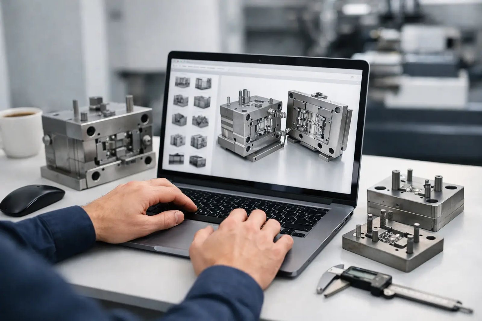 Mould tool geometry reviewed on screen beside machined steel blocks and digital calipers