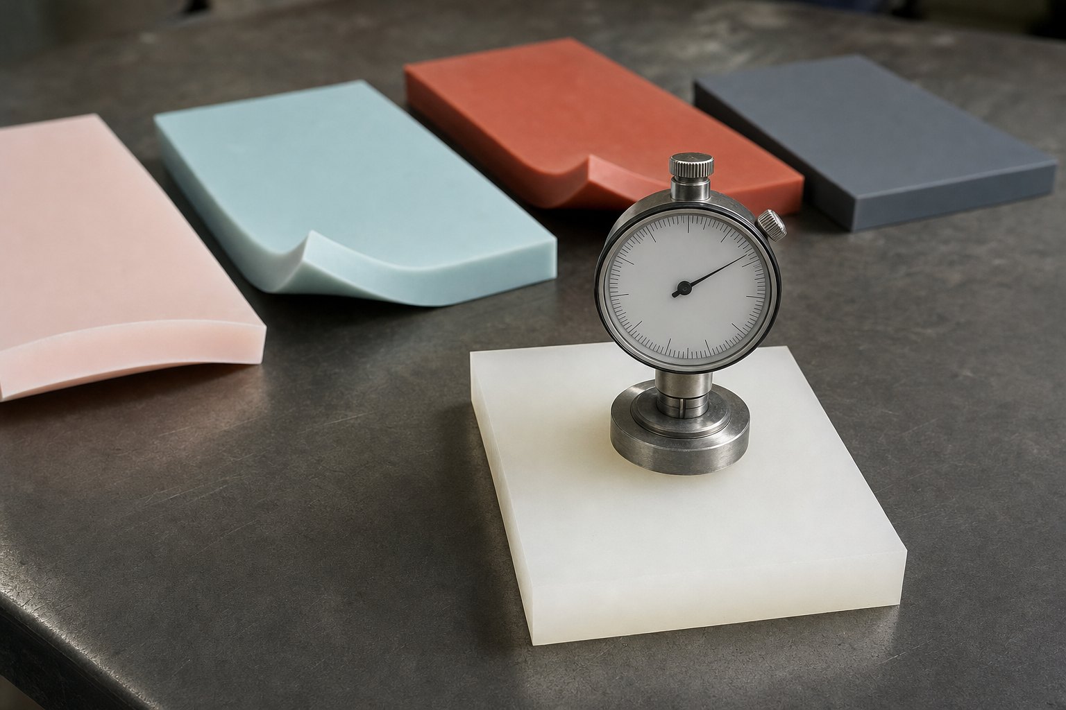Shore A durometer on its stand pressed into translucent silicone, four coloured slabs flexed behind it