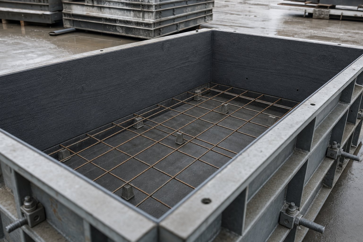 Board-marked formliner sealed inside steel formwork with reinforcement mesh on spacers, ready to pour