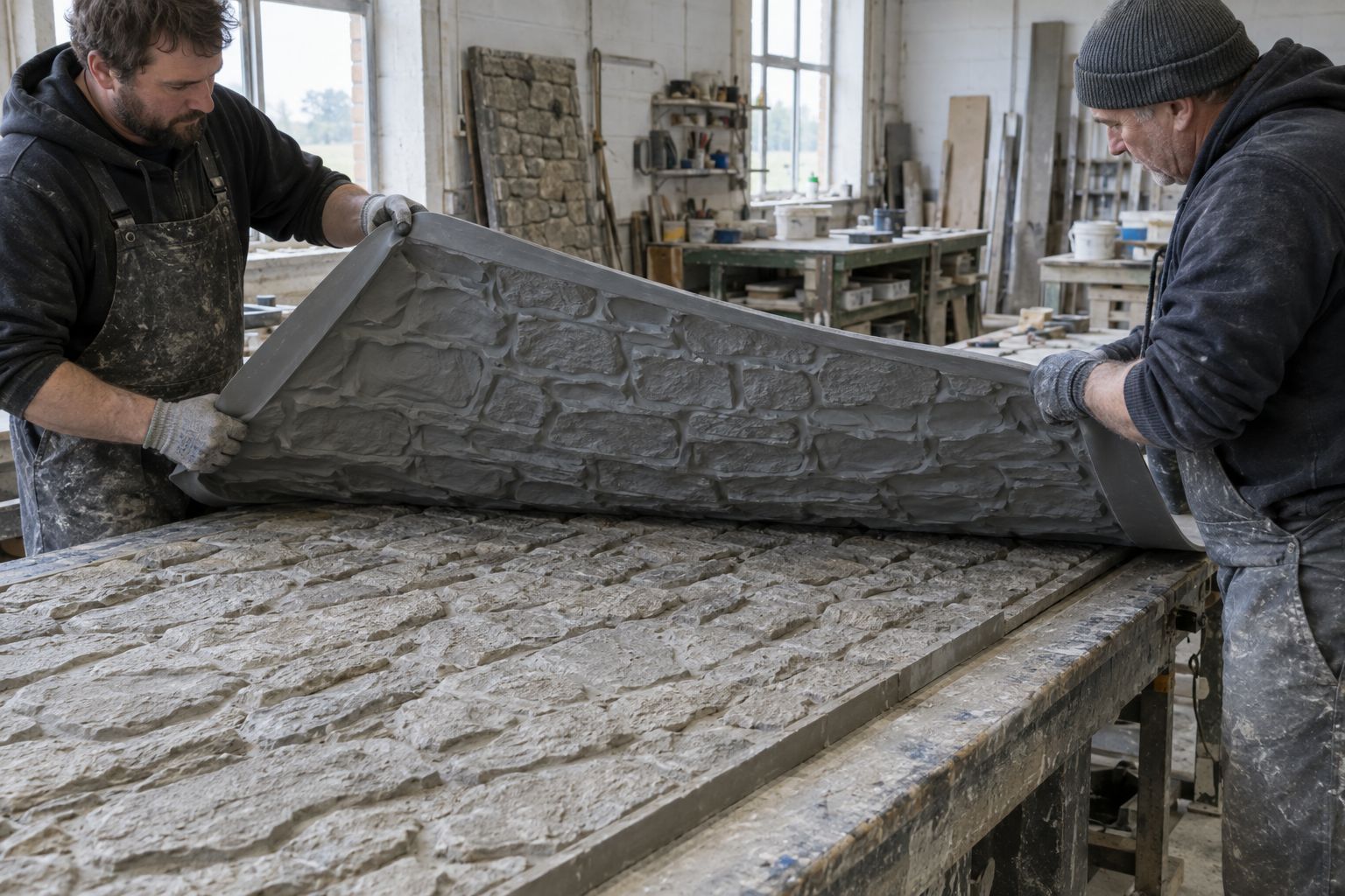 Heritage cornice section held on a workshop bench with its silicone mould reveal visible.