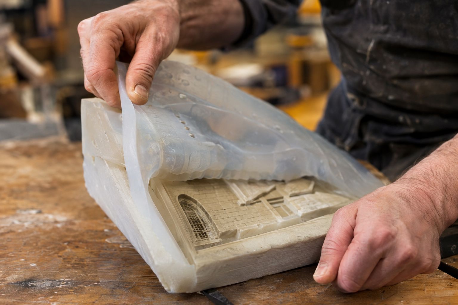 Architectural cladding panel with fine relief being finished on a silicone mould.