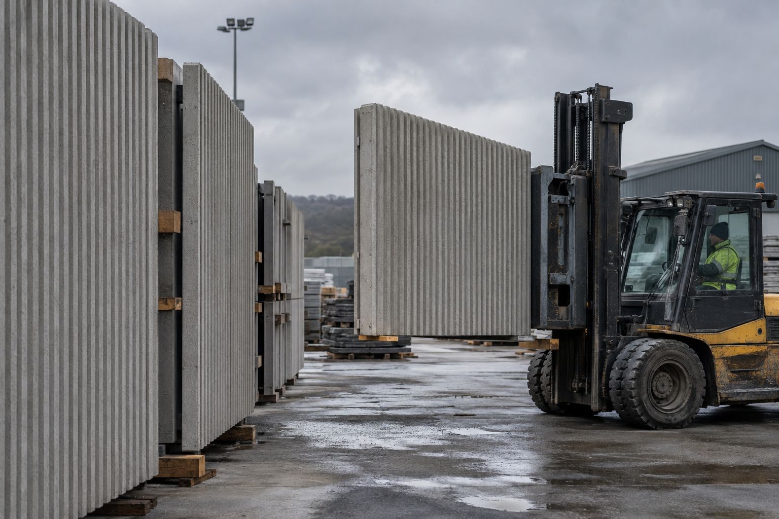 Precast concrete unit being lifted off a silicone unit mould in a working yard.