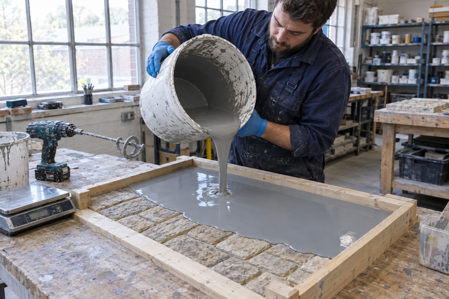 Machined master pattern for a dressed-stone cill on a workshop bench.