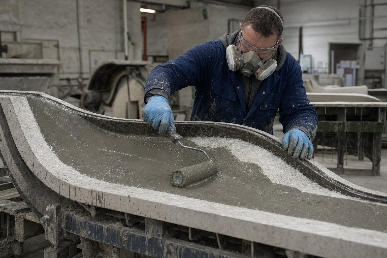 Worker rolling glassfibre-reinforced concrete into a curved mould, compacting it against the face