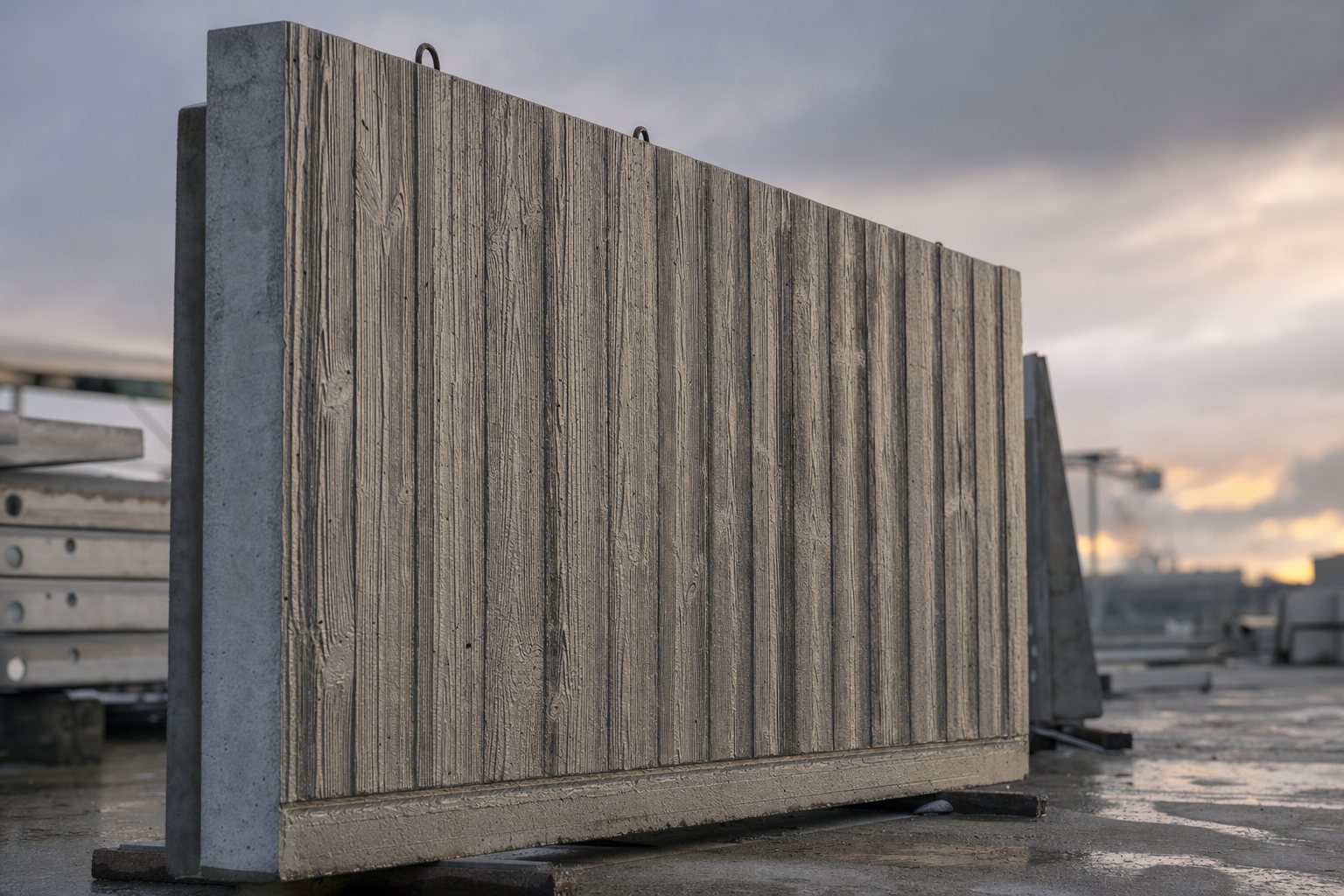 Board-marked precast concrete panel standing in a yard, the timber grain cast in by a formliner