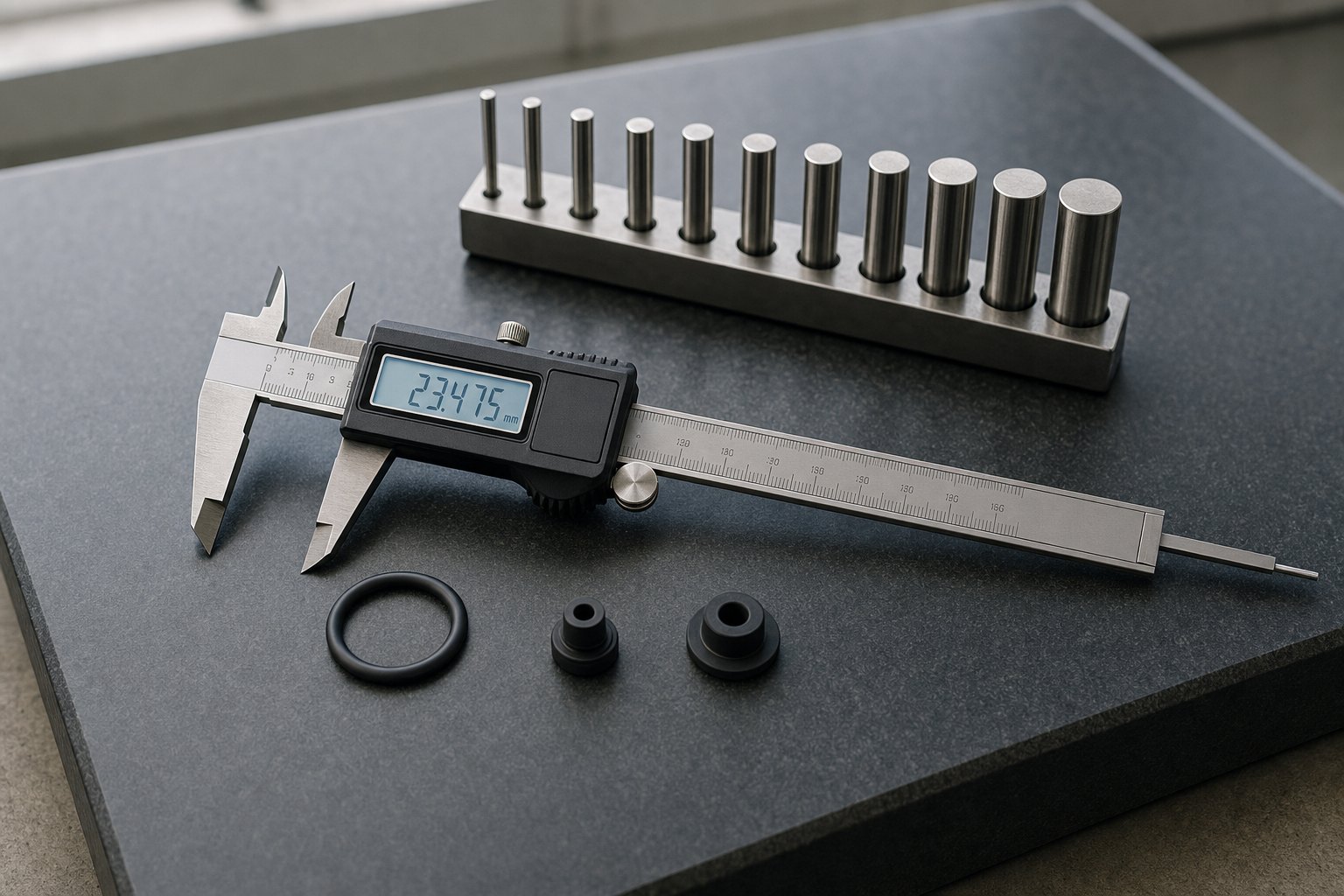 Digital caliper with a lit display on a granite surface plate beside pin gauges and moulded silicone parts